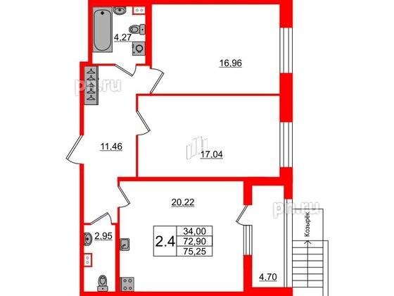 Квартира в ЖК Прайм Приморский, 2 комнатная, 71.6 м², 1 этаж