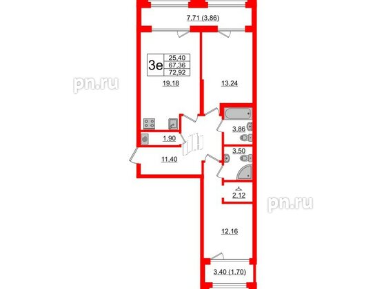 Квартира в ЖК Шепилевский, 2 комнатная, 72.92 м², 3 этаж