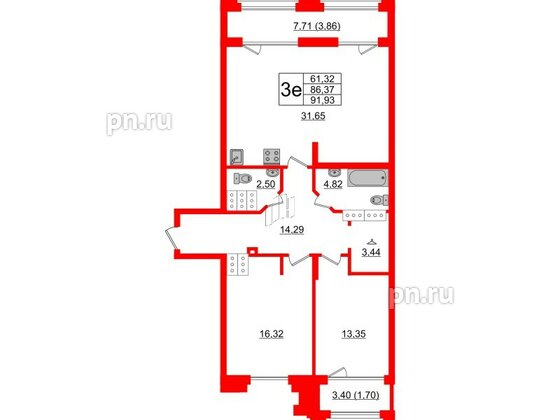 Квартира в ЖК Шепилевский, 2 комнатная, 91.93 м², 20 этаж