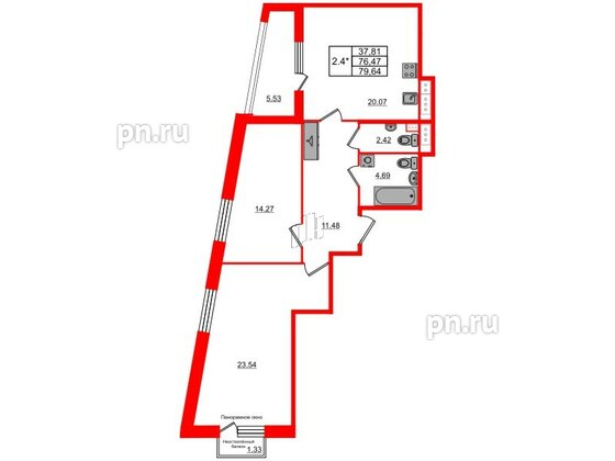 Квартира в ЖК Прайм Приморский, 2 комнатная, 76.47 м², 10 этаж