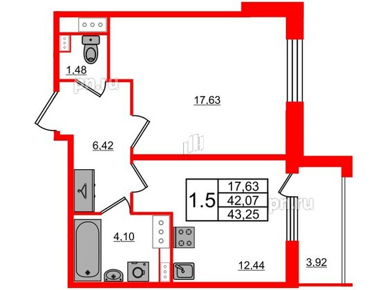 Квартира в ЖК Прайм Приморский, 1 комнатная, 42.07 м², 6 этаж