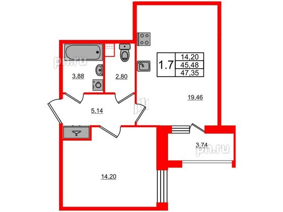 Квартира в ЖК Прайм Приморский, 1 комнатная, 45.48 м², 2 этаж