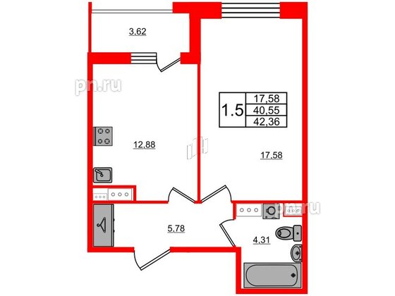 Квартира в ЖК Прайм Приморский, 1 комнатная, 40.55 м², 5 этаж