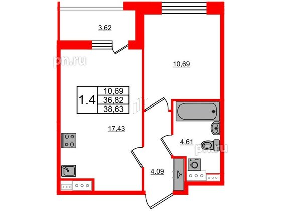 Квартира в ЖК Прайм Приморский, 1 комнатная, 36.82 м², 2 этаж