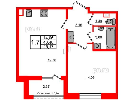 Квартира в ЖК Прайм Приморский, 1 комнатная, 43.48 м², 1 этаж