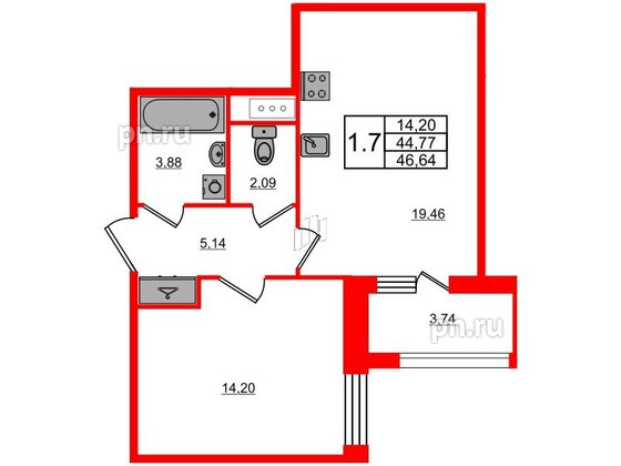 Квартира в ЖК Прайм Приморский, 1 комнатная, 44.77 м², 4 этаж