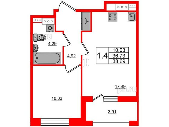 Квартира в ЖК Прайм Приморский, 1 комнатная, 36.73 м², 2 этаж