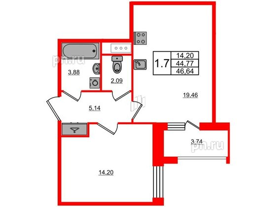 Квартира в ЖК Прайм Приморский, 1 комнатная, 44.77 м², 3 этаж