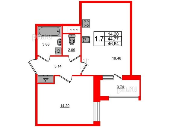 Квартира в ЖК Прайм Приморский, 1 комнатная, 44.77 м², 12 этаж