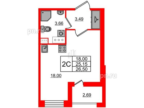 Квартира в ЖК Прайм Приморский, студия, 25.15 м², 12 этаж