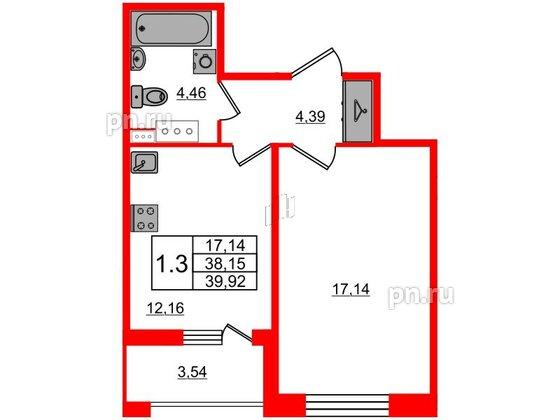 Квартира в ЖК Прайм Приморский, 1 комнатная, 38.15 м², 11 этаж