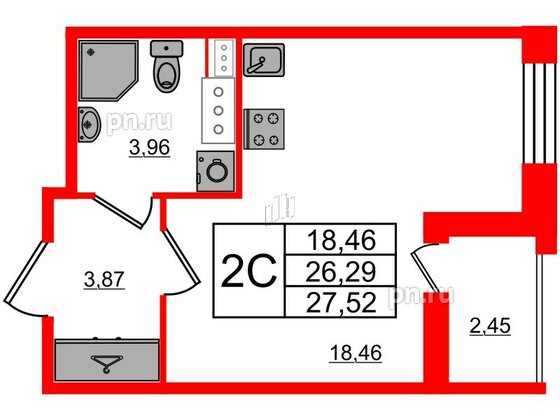 Квартира в ЖК Прайм Приморский, студия, 26.29 м², 12 этаж