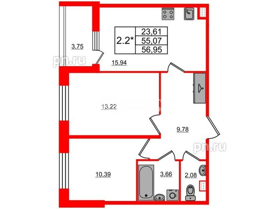 Квартира в ЖК Прайм Приморский, 2 комнатная, 53.4 м², 2 этаж