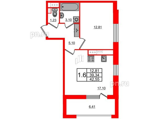 Квартира в ЖК Прайм Приморский, 1 комнатная, 39.34 м², 3 этаж