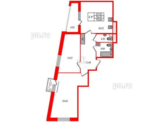 Квартира в ЖК Прайм Приморский, 2 комнатная, 76.47 м², 9 этаж