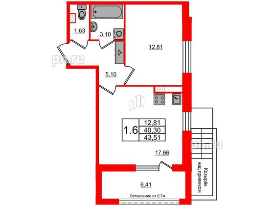 Квартира в ЖК Прайм Приморский, 1 комнатная, 40.3 м², 1 этаж