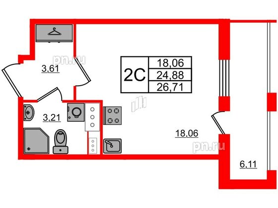 Квартира в ЖК Прайм Приморский, студия, 24.88 м², 11 этаж