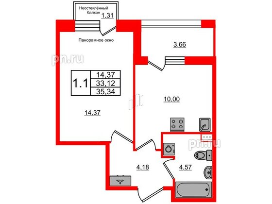 Квартира в ЖК Прайм Приморский, 1 комнатная, 33.12 м², 2 этаж