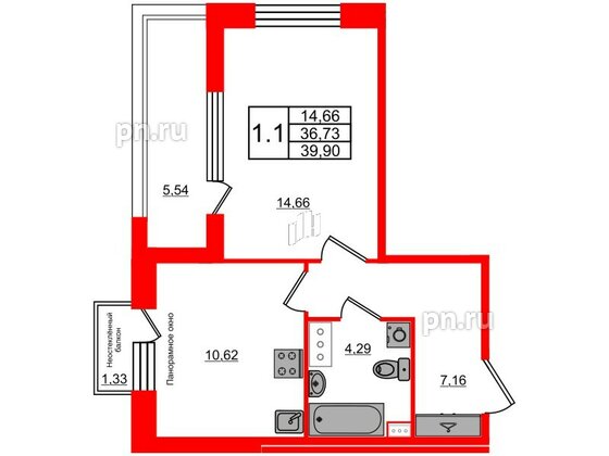 Квартира в ЖК Прайм Приморский, 1 комнатная, 36.73 м², 10 этаж