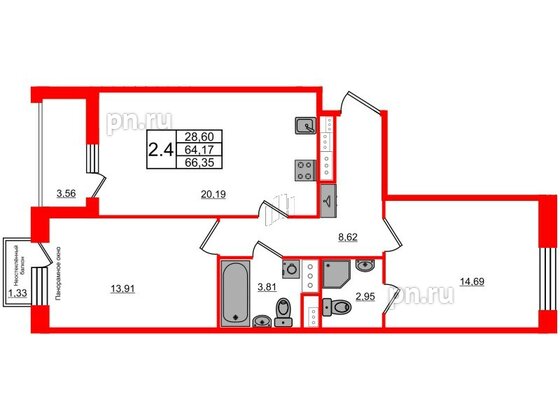 Квартира в ЖК Прайм Приморский, 2 комнатная, 64.17 м², 9 этаж