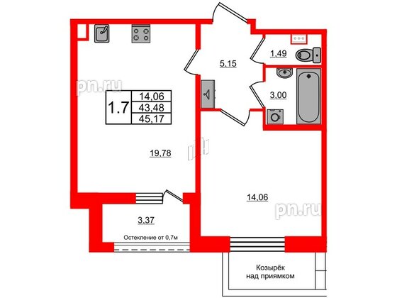 Квартира в ЖК Прайм Приморский, 1 комнатная, 43.48 м², 1 этаж