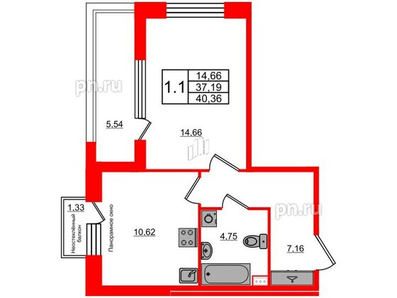 Квартира в ЖК Прайм Приморский, 1 комнатная, 37.19 м², 2 этаж