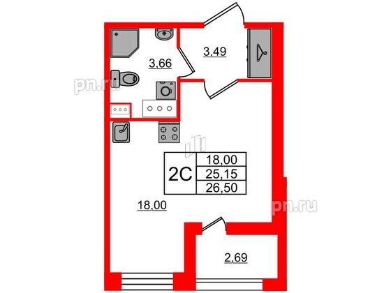 Квартира в ЖК Прайм Приморский, студия, 25.15 м², 10 этаж