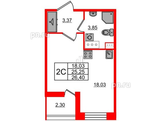 Квартира в ЖК Прайм Приморский, студия, 25.25 м², 10 этаж