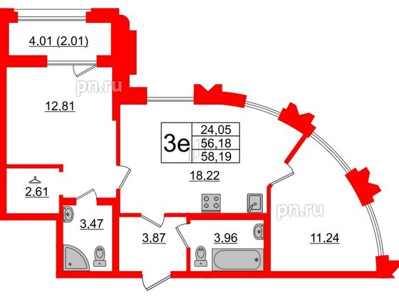 Квартира в ЖК Шепилевский, 2 комнатная, 58.19 м², 3 этаж