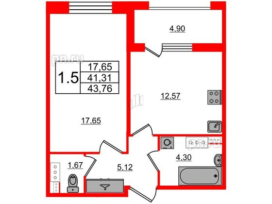 Квартира в ЖК Прайм Приморский, 1 комнатная, 41.31 м², 5 этаж