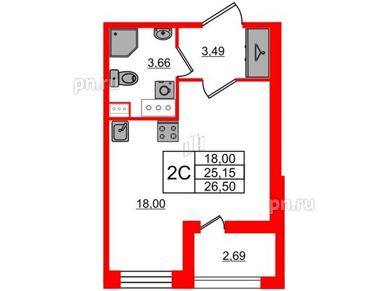 Квартира в ЖК Прайм Приморский, студия, 25.15 м², 7 этаж