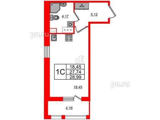 Квартира в ЖК Прайм Приморский, студия, 27.74 м², 7 этаж