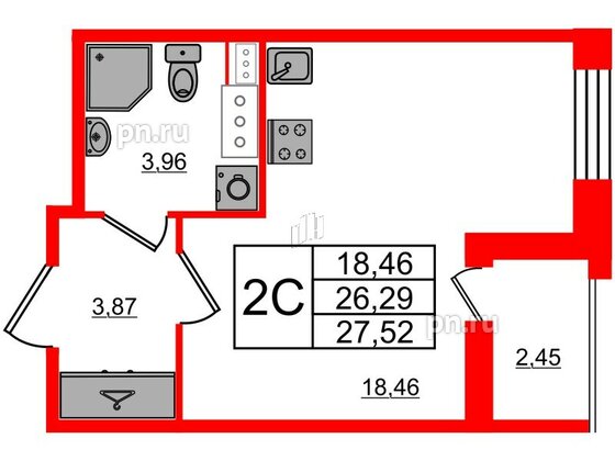 Квартира в ЖК Прайм Приморский, студия, 26.29 м², 3 этаж