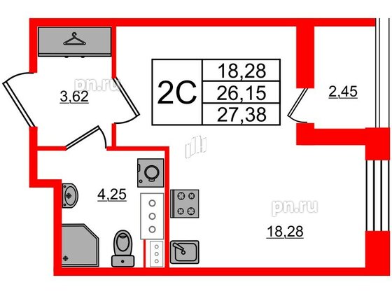 Квартира в ЖК Прайм Приморский, студия, 26.15 м², 10 этаж