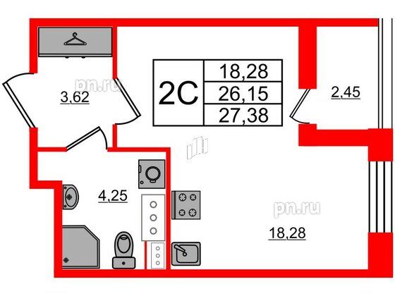 Квартира в ЖК Прайм Приморский, студия, 26.15 м², 4 этаж