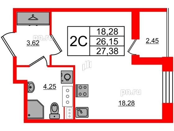 Квартира в ЖК Прайм Приморский, студия, 26.15 м², 6 этаж