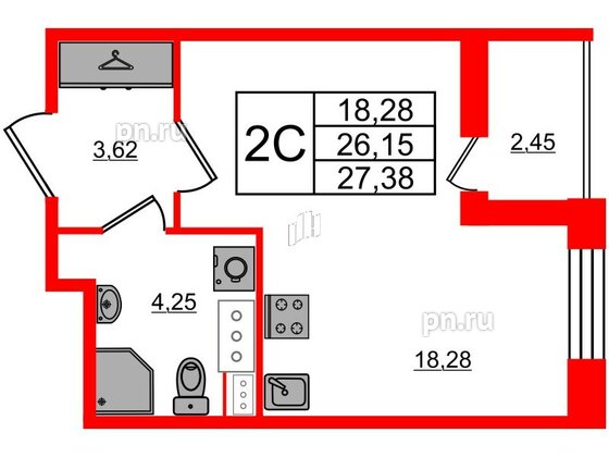 Квартира в ЖК Прайм Приморский, студия, 26.15 м², 12 этаж