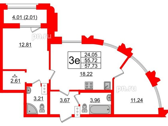 Квартира в ЖК Шепилевский, 2 комнатная, 57.73 м², 7 этаж