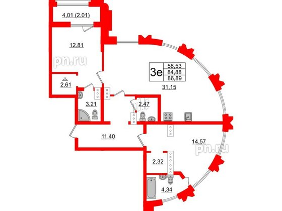 Квартира в ЖК Шепилевский, 2 комнатная, 86.89 м², 19 этаж