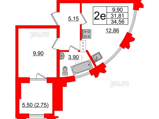 Квартира в ЖК Шепилевский, 1 комнатная, 34.56 м², 8 этаж