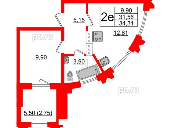 Квартира в ЖК Шепилевский, 1 комнатная, 34.31 м², 12 этаж