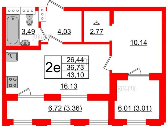 Квартира в ЖК Шепилевский, 1 комнатная, 43.1 м², 17 этаж