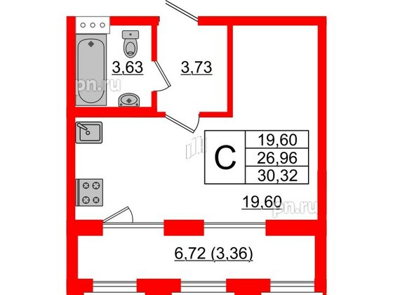 Квартира в ЖК Шепилевский, студия, 30.32 м², 7 этаж