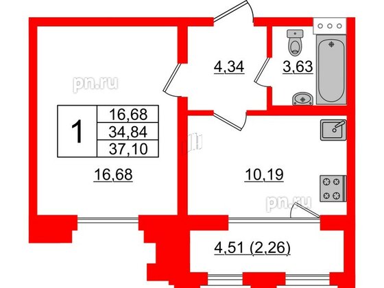 Квартира в ЖК Шепилевский, 1 комнатная, 37.1 м², 7 этаж