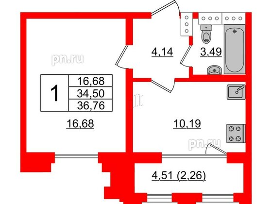 Квартира в ЖК Шепилевский, 1 комнатная, 36.76 м², 16 этаж