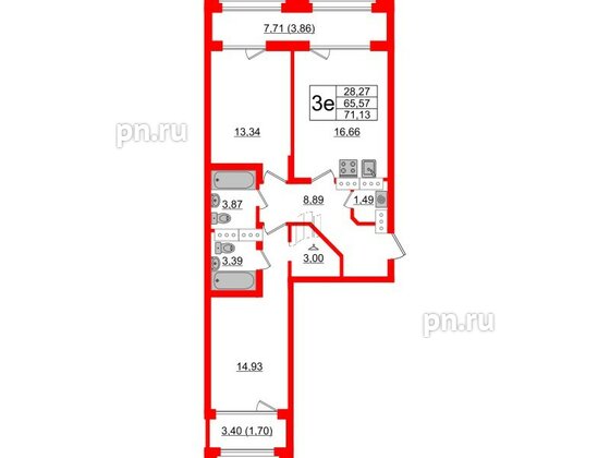 Квартира в ЖК Шепилевский, 2 комнатная, 71.13 м², 18 этаж