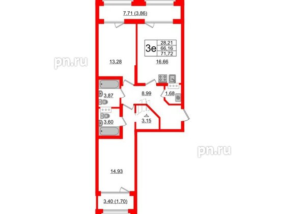 Квартира в ЖК Шепилевский, 2 комнатная, 71.72 м², 5 этаж