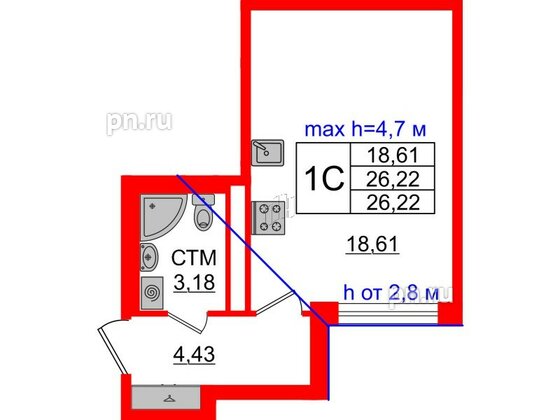 Квартира в ЖК 'Дворцовый фасад', студия, 26.22 м², 4 этаж