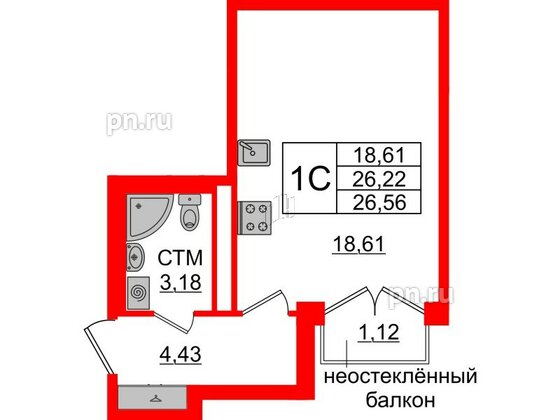 Квартира в ЖК 'Дворцовый фасад', студия, 26.22 м², 3 этаж