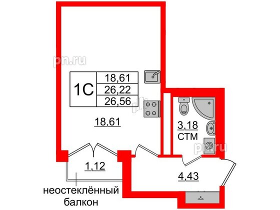 Квартира в ЖК «Дворцовый фасад», студия, 26.22 м², 3 этаж